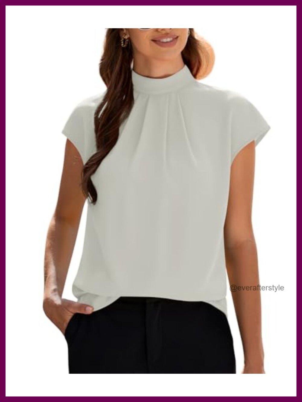 Womens Mock Neck Chiffon Blouse Short Cap Sleeve Business Casual Pleated Tunic